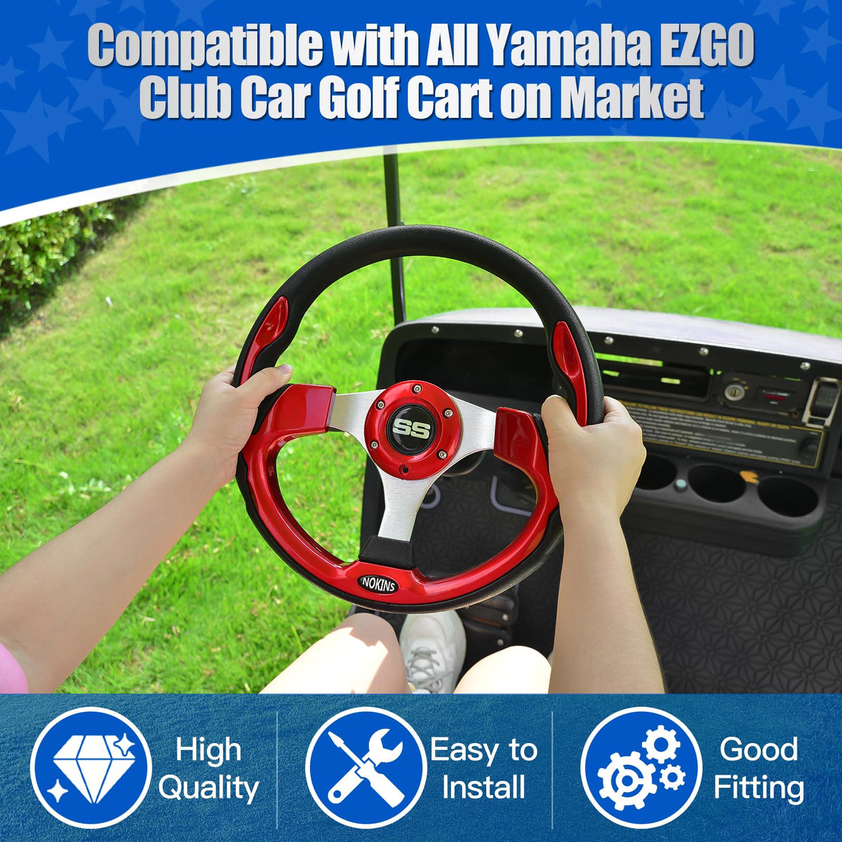 NOKINS EZGO TXT/RXV compatibility wheel for quick upgrades on compatible carts.