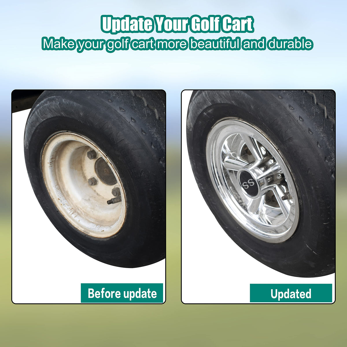 NOKINS hub caps fitted to EZGO/Yamaha/Club Car wheels for a cohesive look