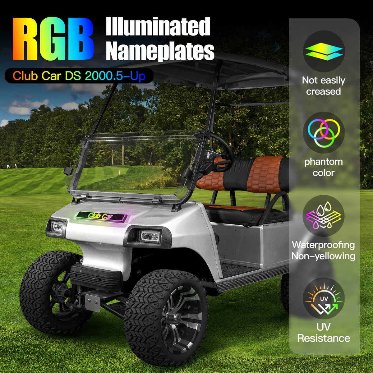 NOKINS RGB front name plate installed on Club Car DS for a refreshed look.