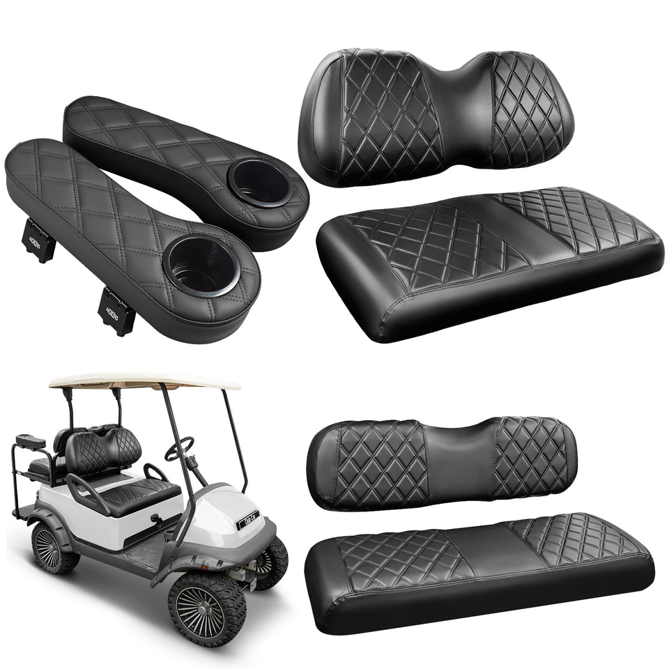 NOKINS front seat cover close-up showing durable vinyl protection for Club Car Precedent