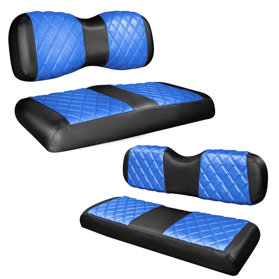 NOKINS front seat cover with blue-black diamond stitching for a durable cart upgrade