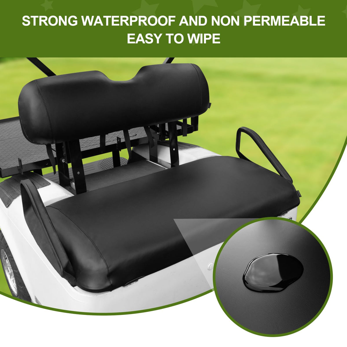 NOKINS seat cover installation guide showing quick fit on EZGO front seat