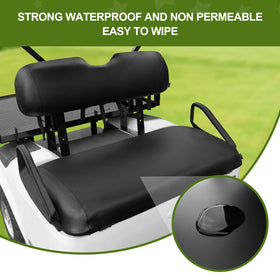 NOKINS seat cover installation guide showing quick fit on EZGO front seat