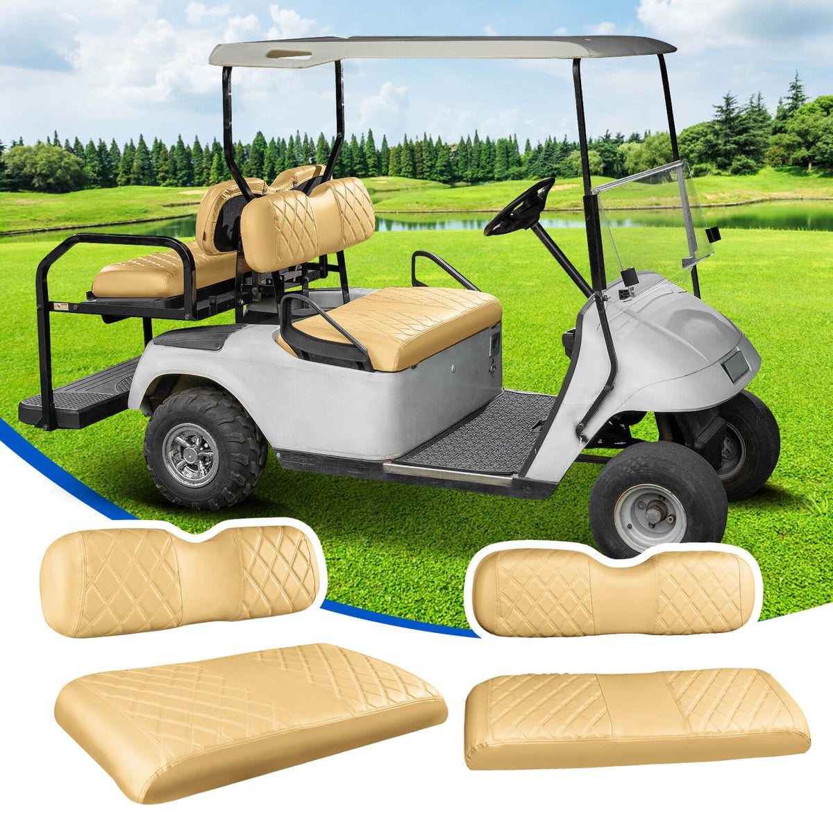 NOKINS front tan seat cover for EZGO carts provides quick protection and refreshed look.