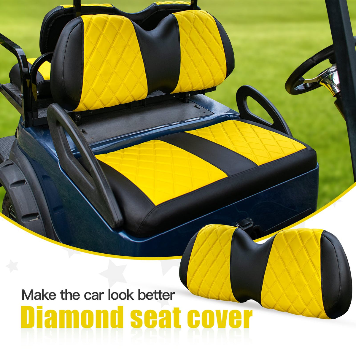 NOKINS front seat yellow black closeup highlights diamond pattern and cleaning ease