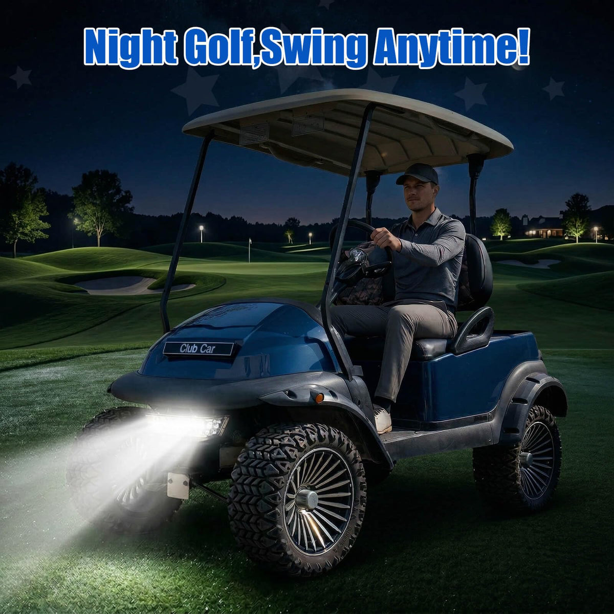 NOKINS front-view setup on a golf cart highlights sleek upgrade.