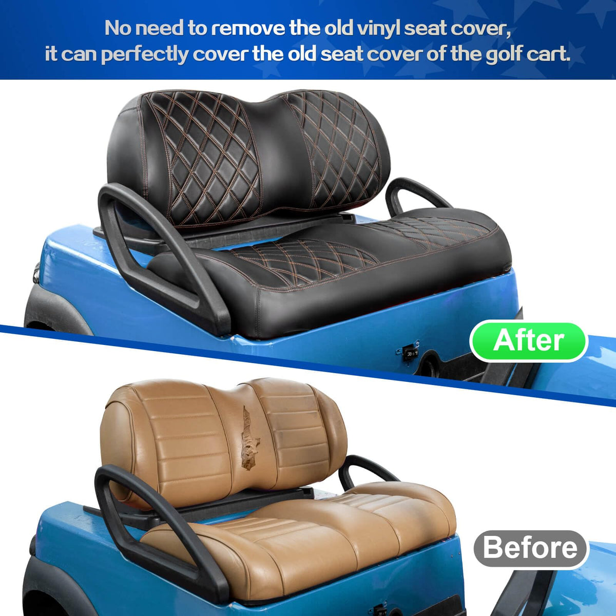 NOKINS backrest cover with diamond leather for Club Car, protects upholstery and refreshes interior.