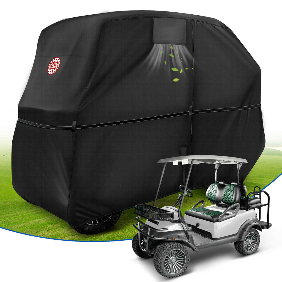 NOKINS golf cart cover front view showing snug fit for a standard 2+2 cart