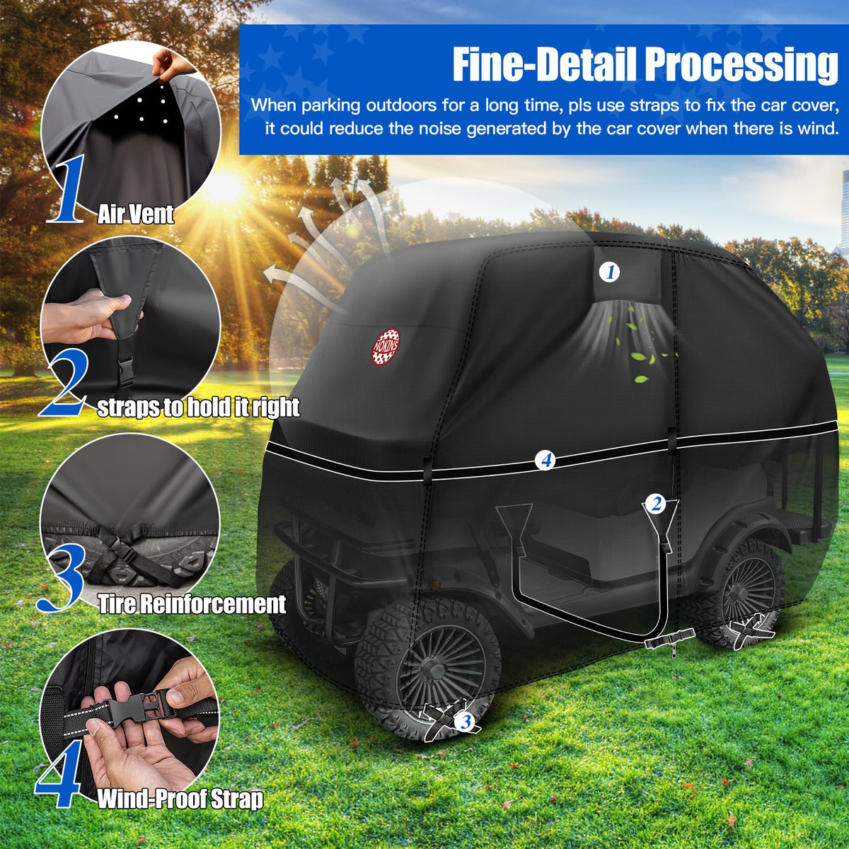 NOKINS golf cart cover side view with full body coverage on EZGO/Club Car