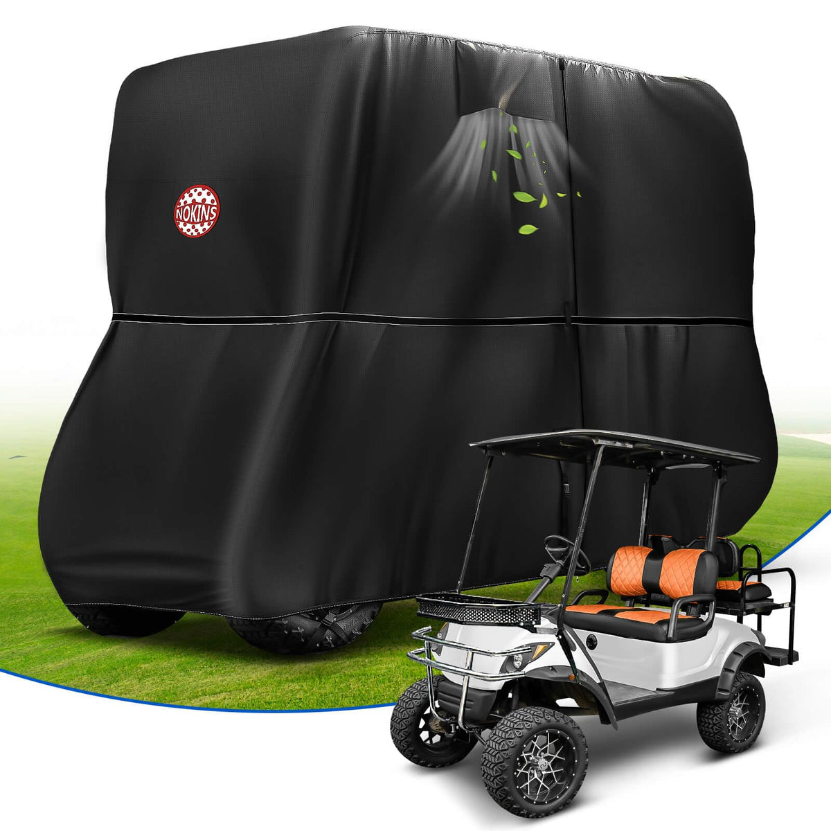 NOKINS golf cart cover on a Yamaha Drive 2 cart protecting from rain.
