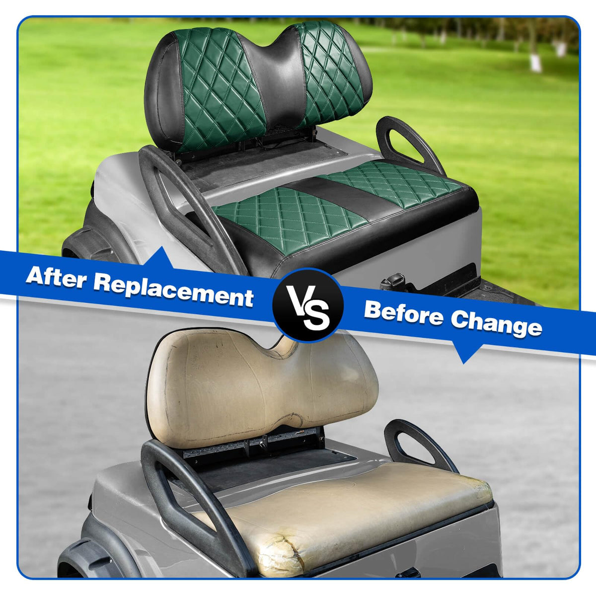 NOKINS dark green and black seat cover elevates cart aesthetics.