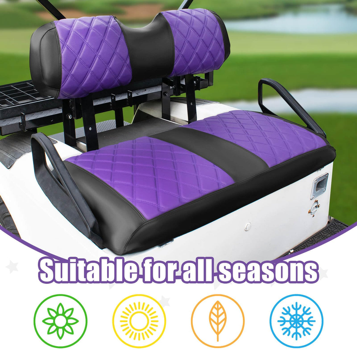 NOKINS purple and black seat cover kit elevates golf cart aesthetics.