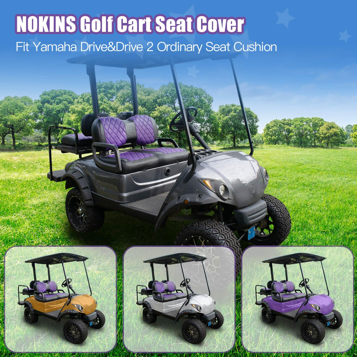 NOKINS purple diamond seat cover on the backrest delivers durable, easy-clean comfort.