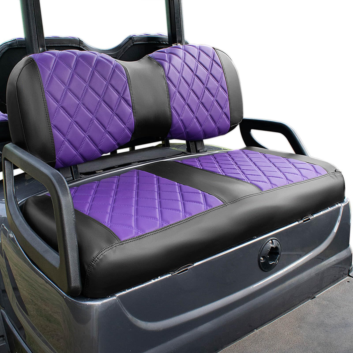 NOKINS purple diamond seat cover on the front seat protects upholstery and adds luxury.