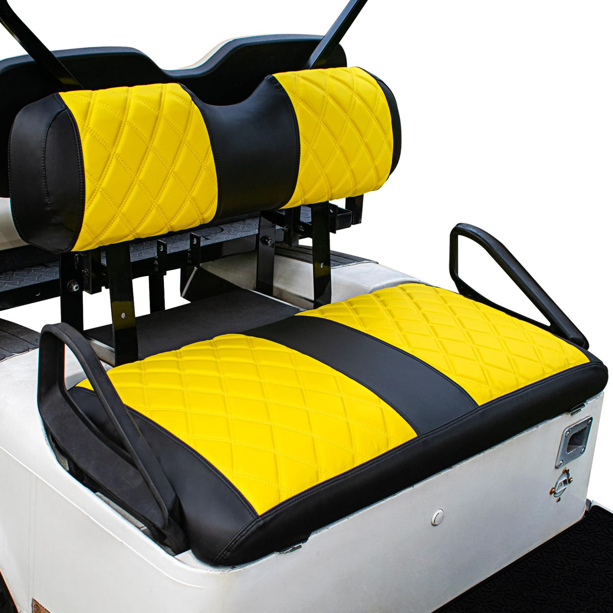 NOKINS EZGO diamond seat covers front view showing bold yellow and black pattern