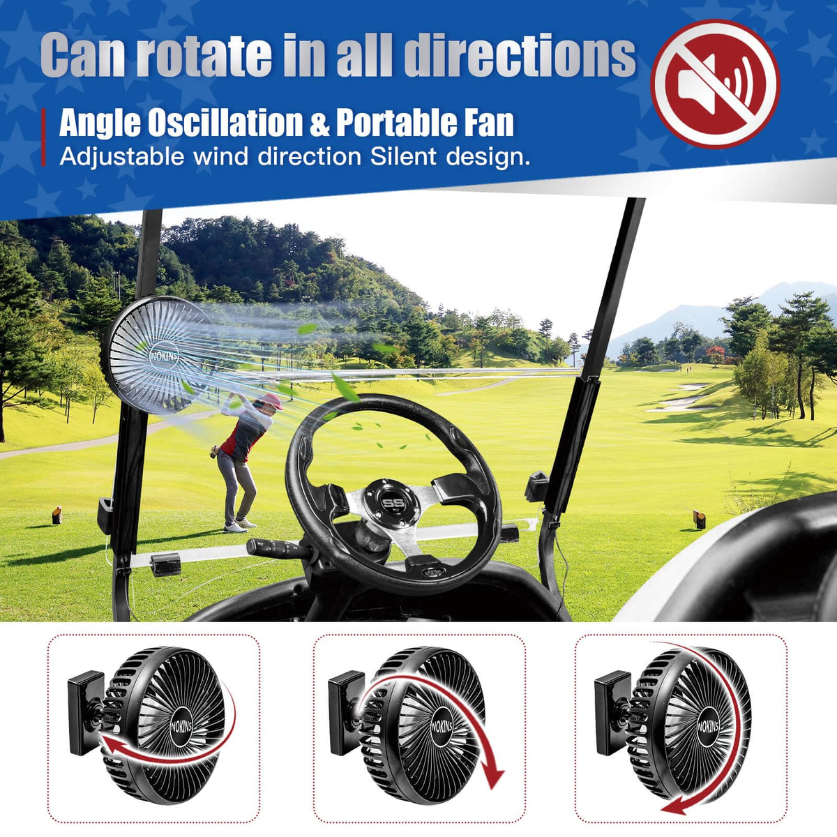 NOKINS golf cart fan 3-speed settings offer customizable breeze on hot days.