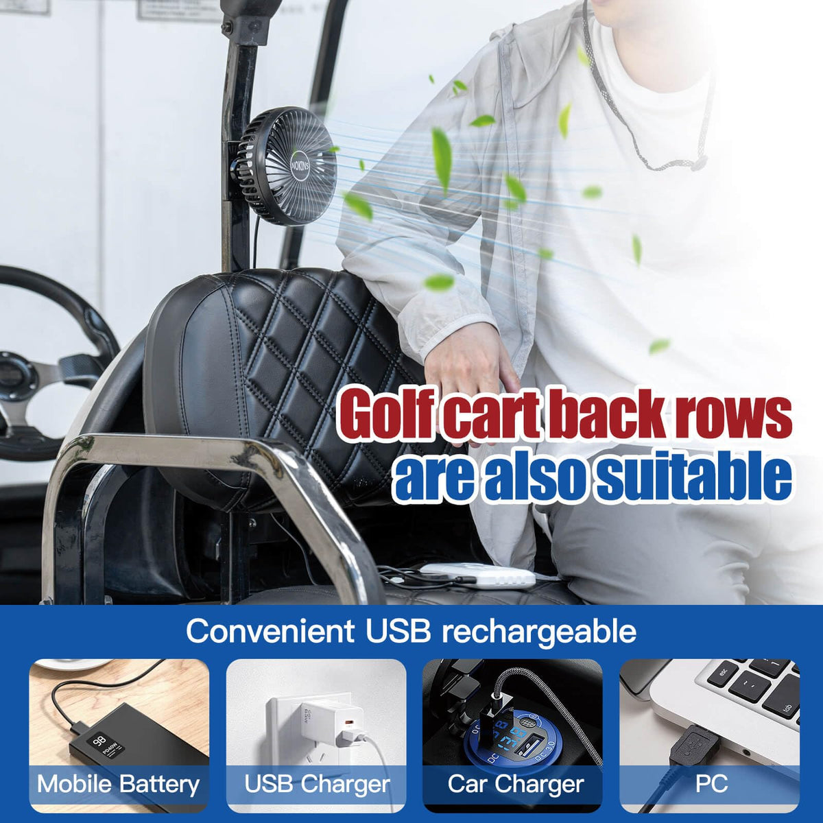 NOKINS golf cart fan low-noise operation keeps conversations comfortable.