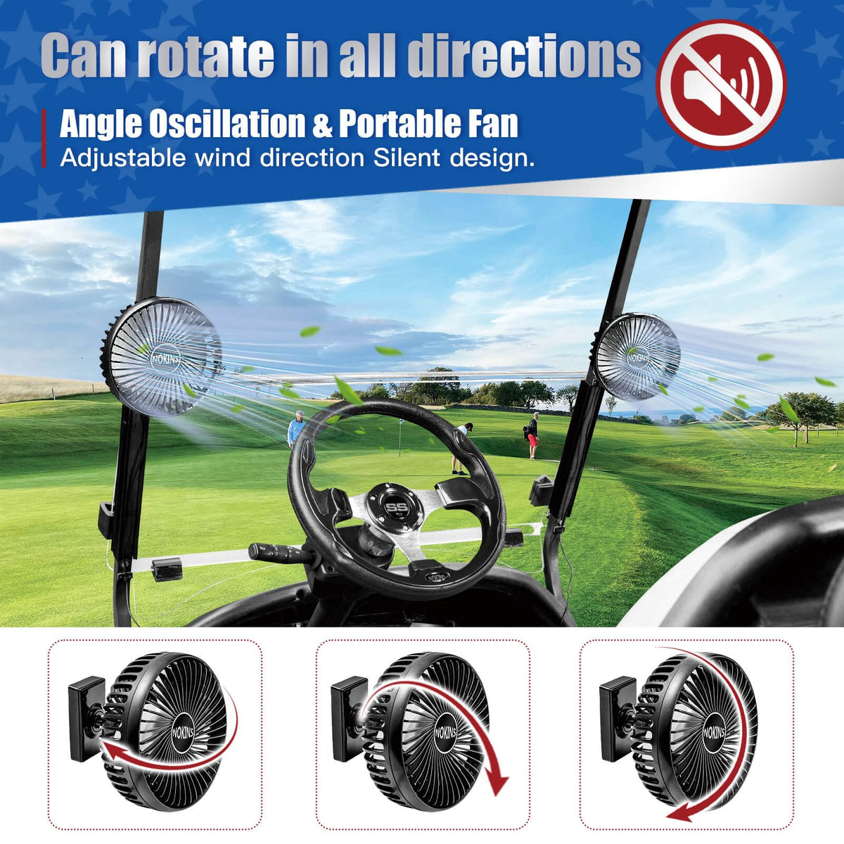 NOKINS portable fan offers 3-speed settings for customizable comfort on the course