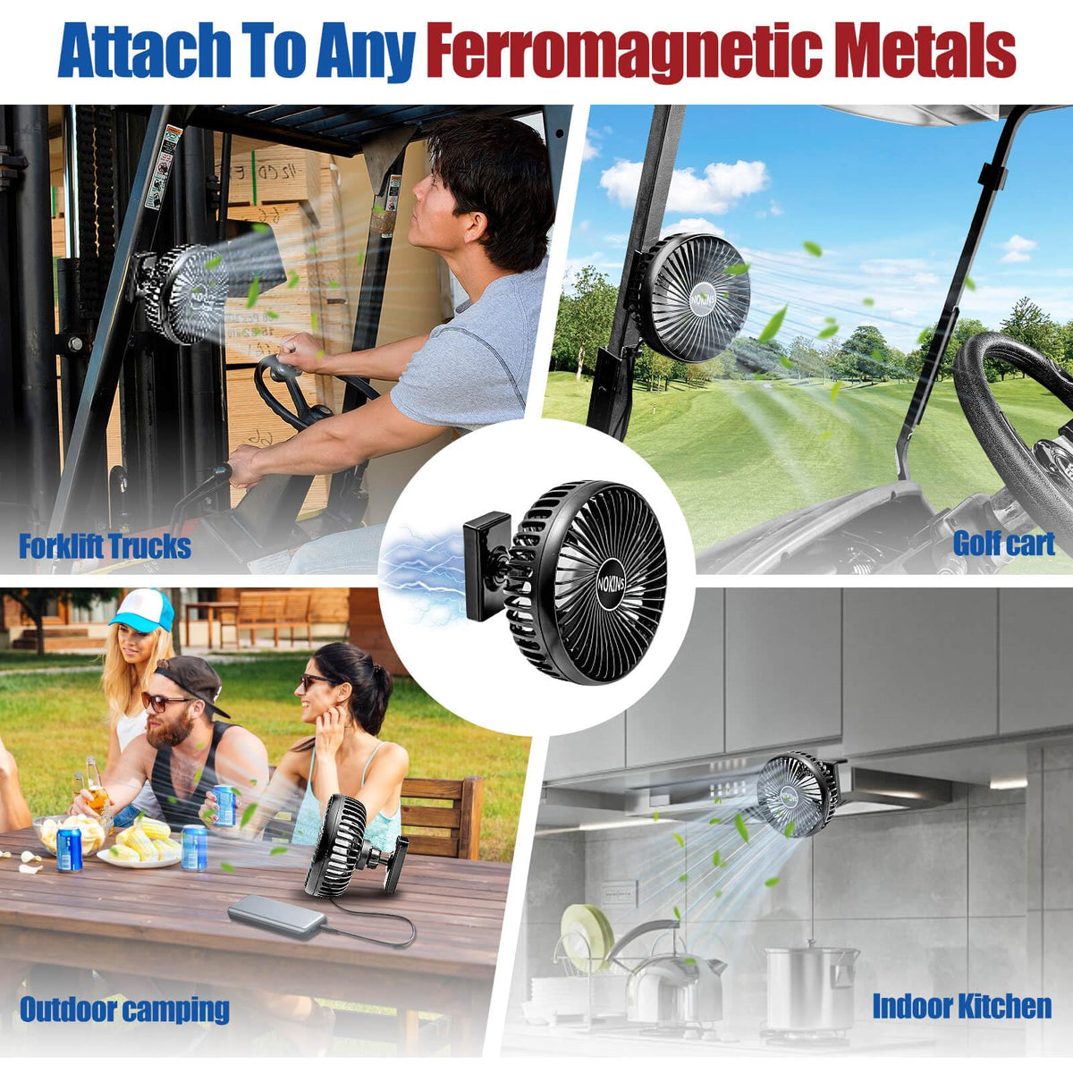 NOKINS golf cart fan USB input powers from bank or cart terminals.