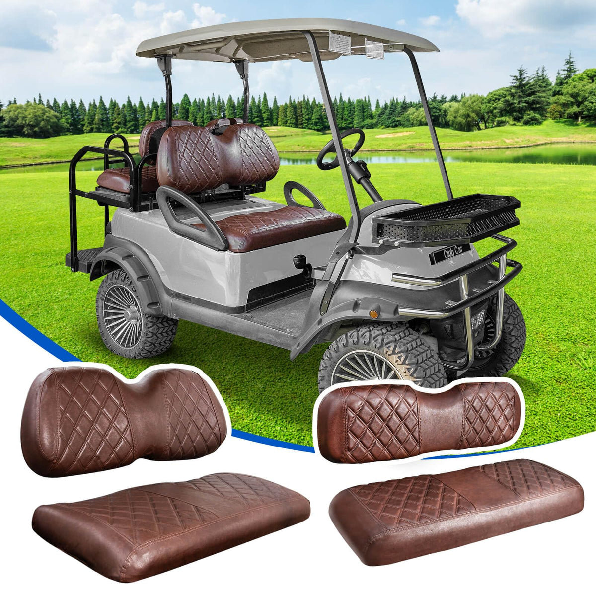 NOKINS front seat cover with brown diamond stitching for Club Car; adds luxury and protection.
