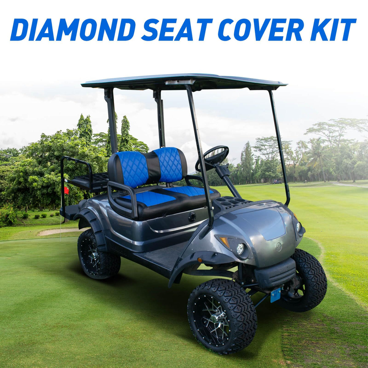 NOKINS blue and black diamond seat cover design seen from the side on a golf cart