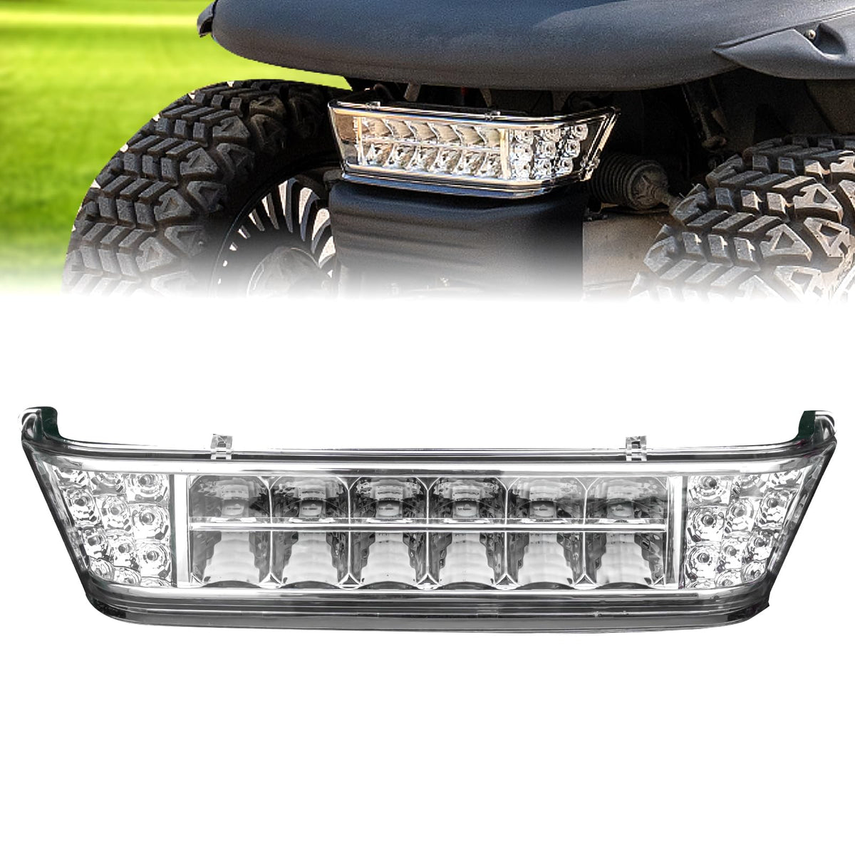 NOKINS golf cart headlight bar front closeup boosts nighttime visibility.
