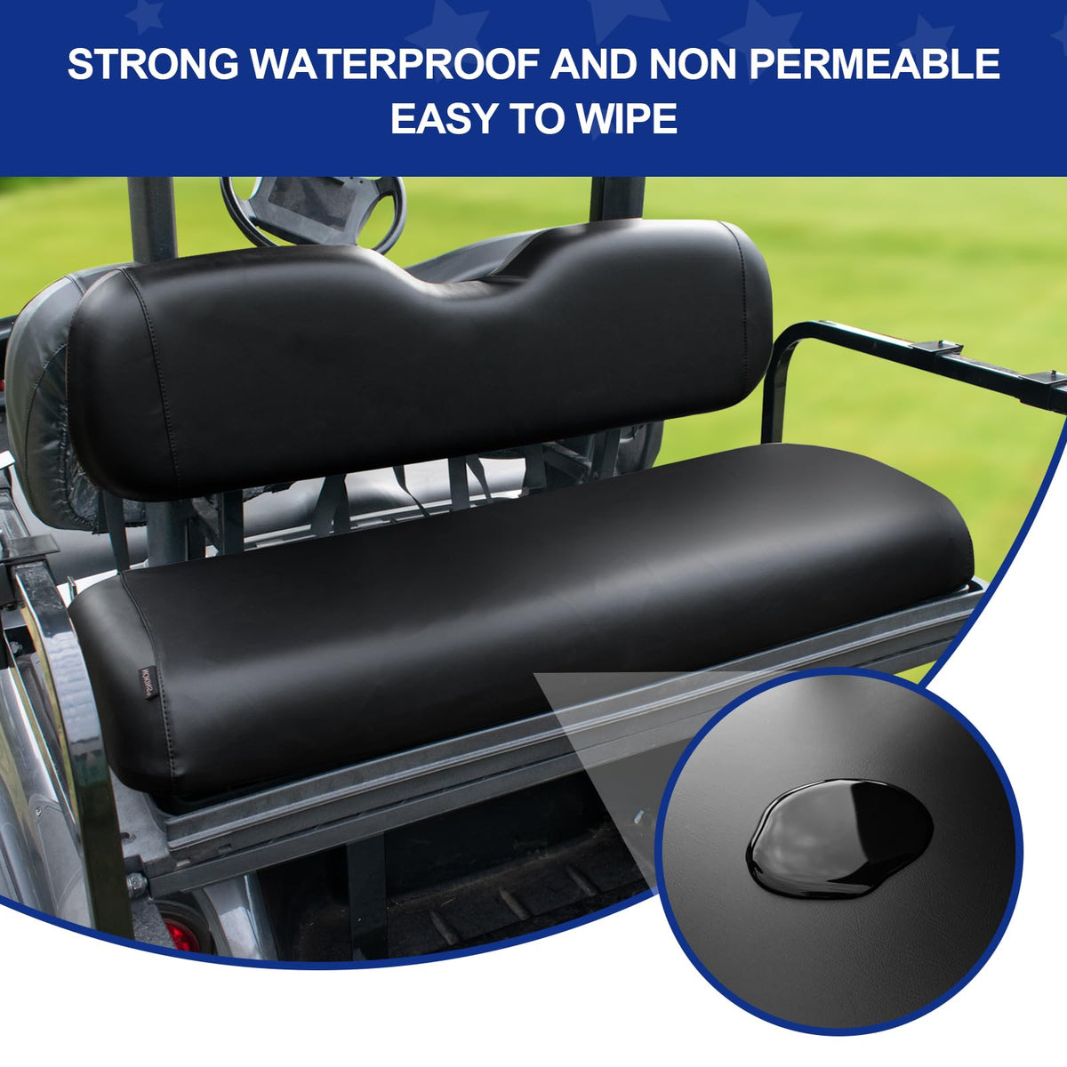 NOKINS rear seat cover in black protects EZGO/Club Car/Yamaha seats from wear.