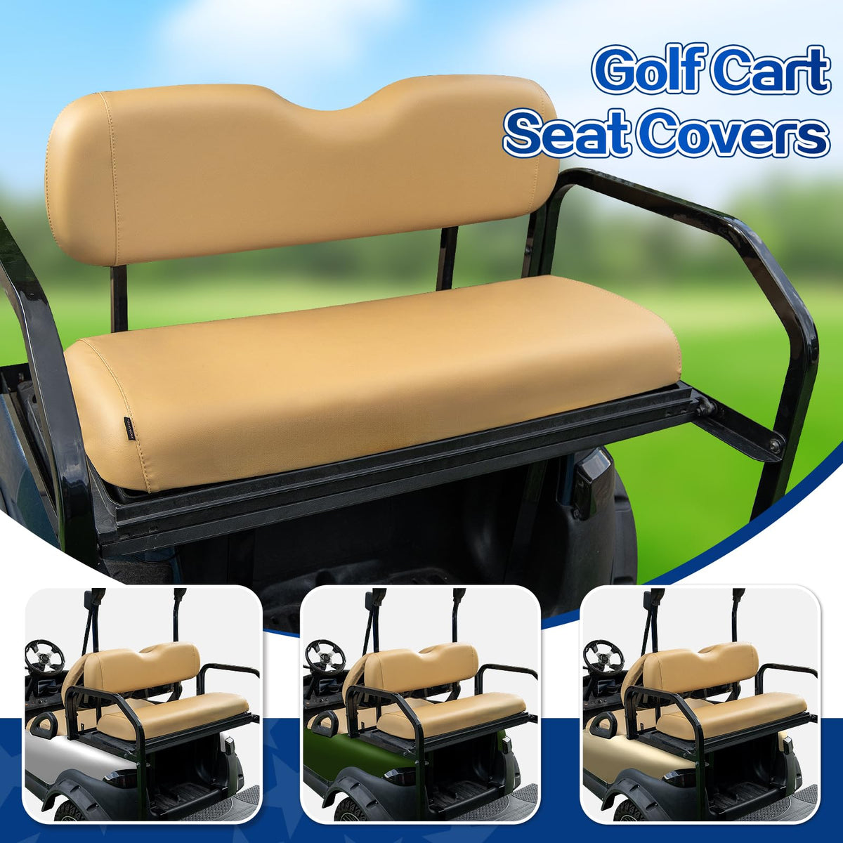 NOKINS golf cart rear seat cover tan side install shows easy fit.