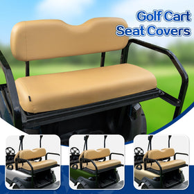 NOKINS golf cart rear seat cover tan side install shows easy fit.