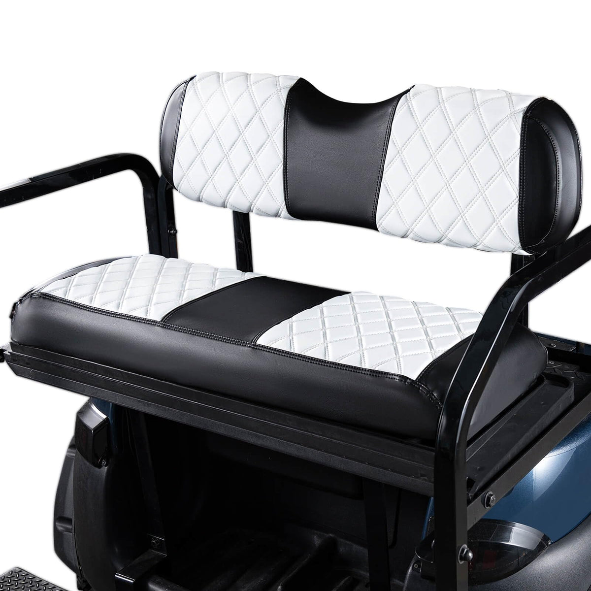 NOKINS golf cart rear seat cover in white and black protects upholstery from wear and sun.