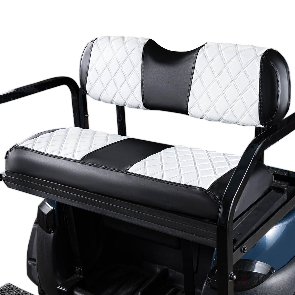 NOKINS golf cart rear seat cover in white and black protects upholstery from wear and sun.