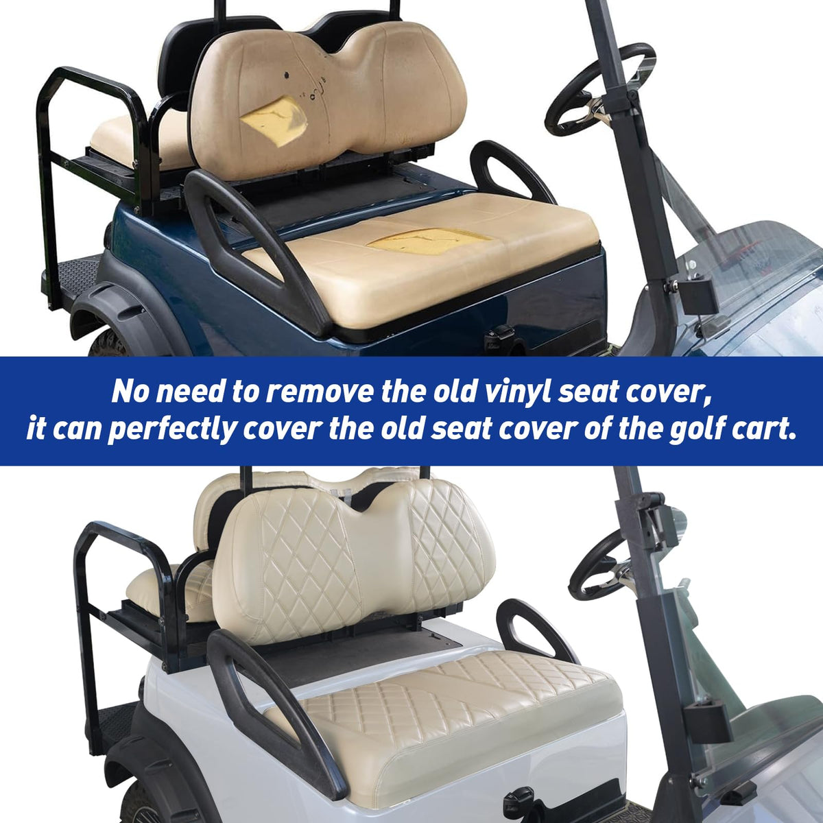 NOKINS seat cover with adjustable straps installs quickly on a golf cart.