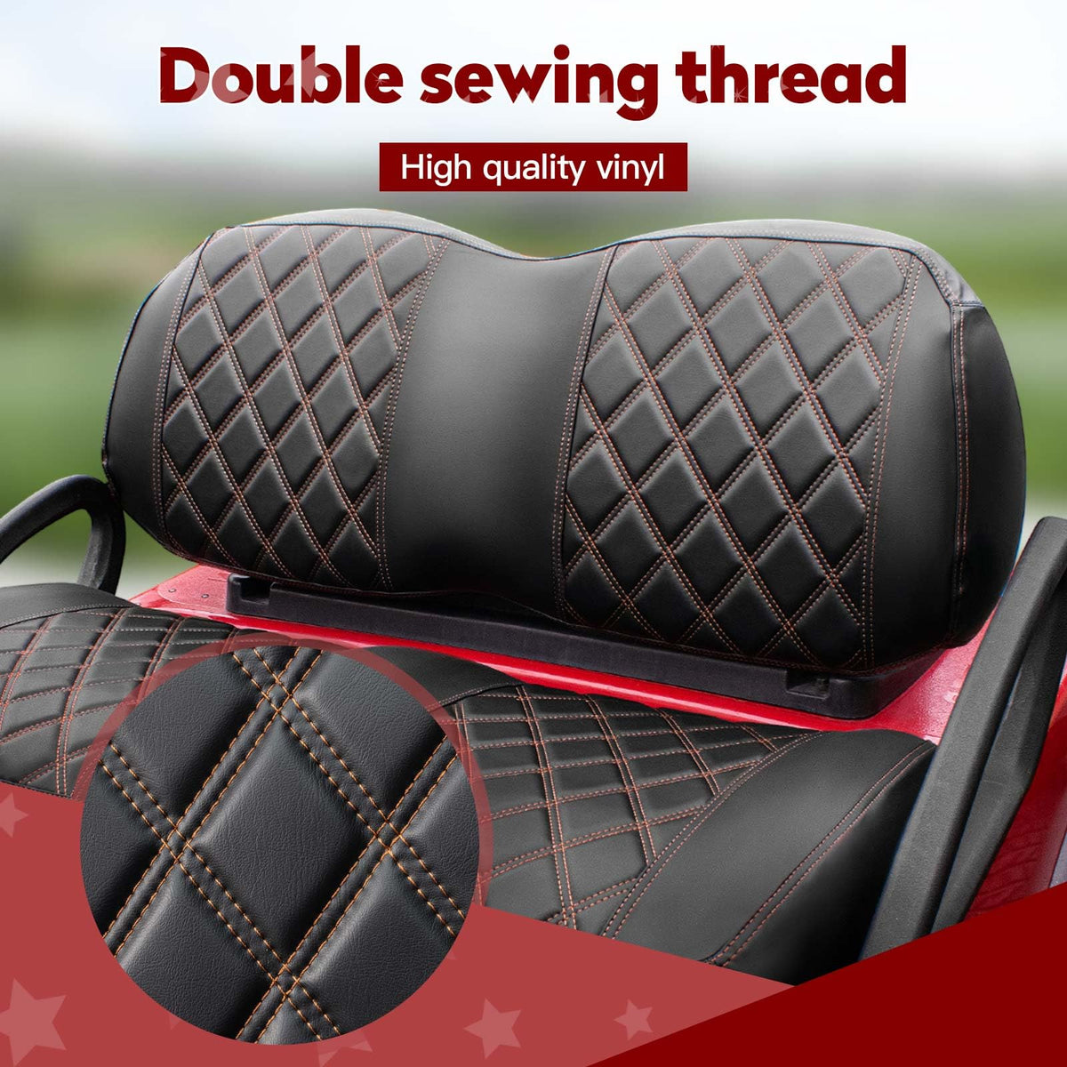 NOKINS golf cart seat cover showing black and brown stitching style