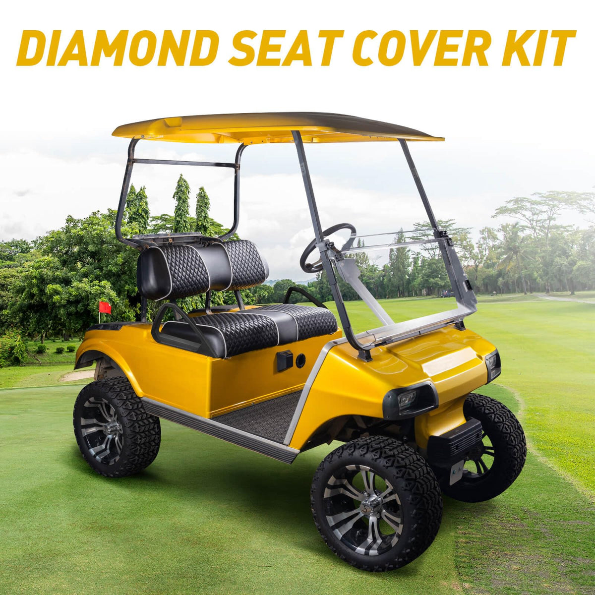 GOLF CART seat cover in black and white piping for durable, upscale interior.
