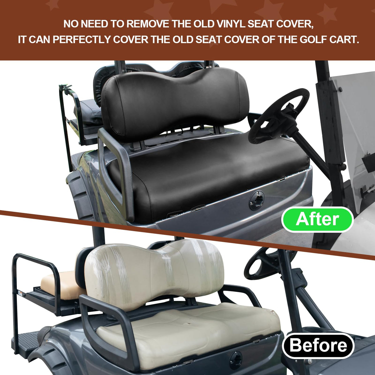 NOKINS easy-install straps and buckles enabling quick, tool-free golf cart seat replacement.