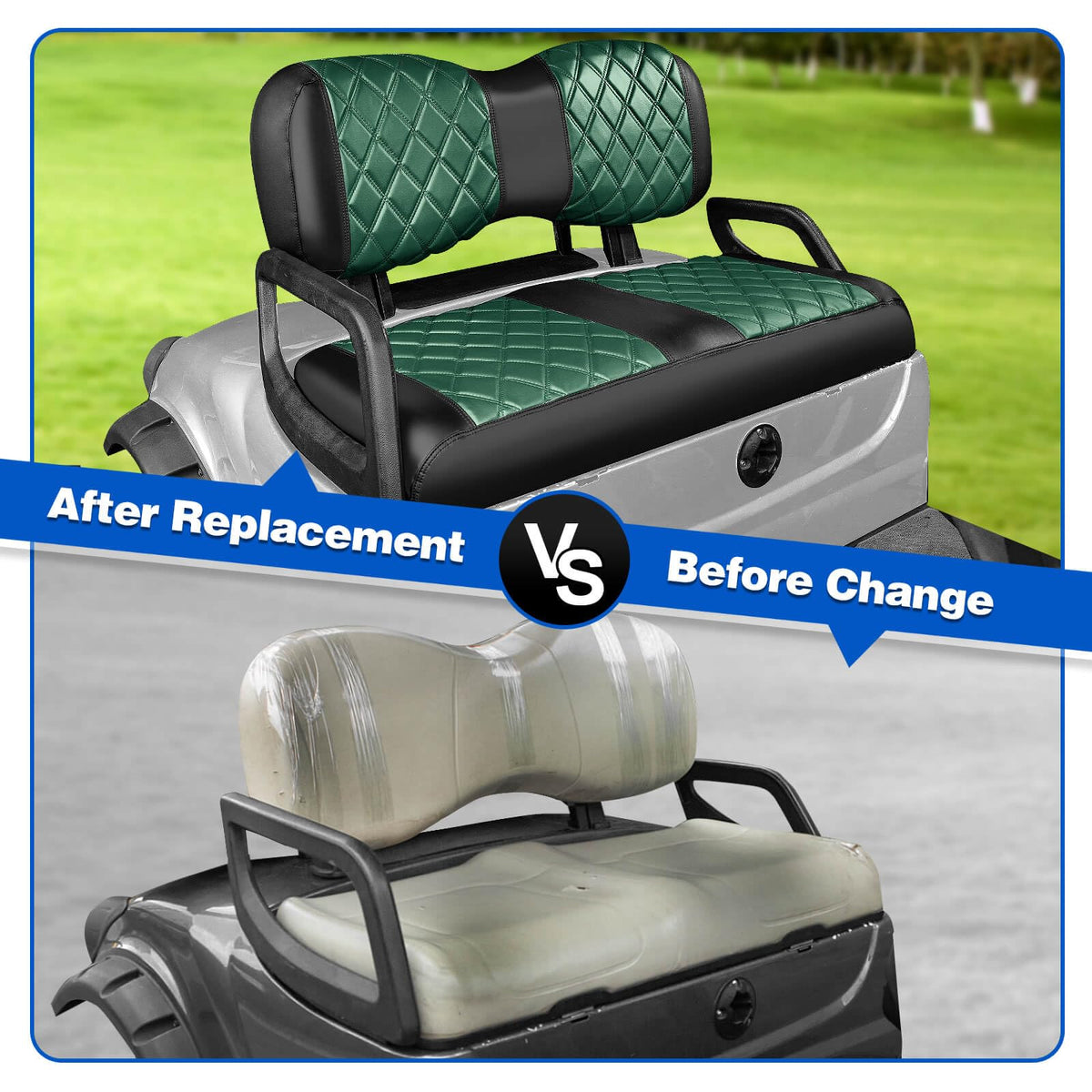 Tool-free installation of NOKINS seat cover on golf cart