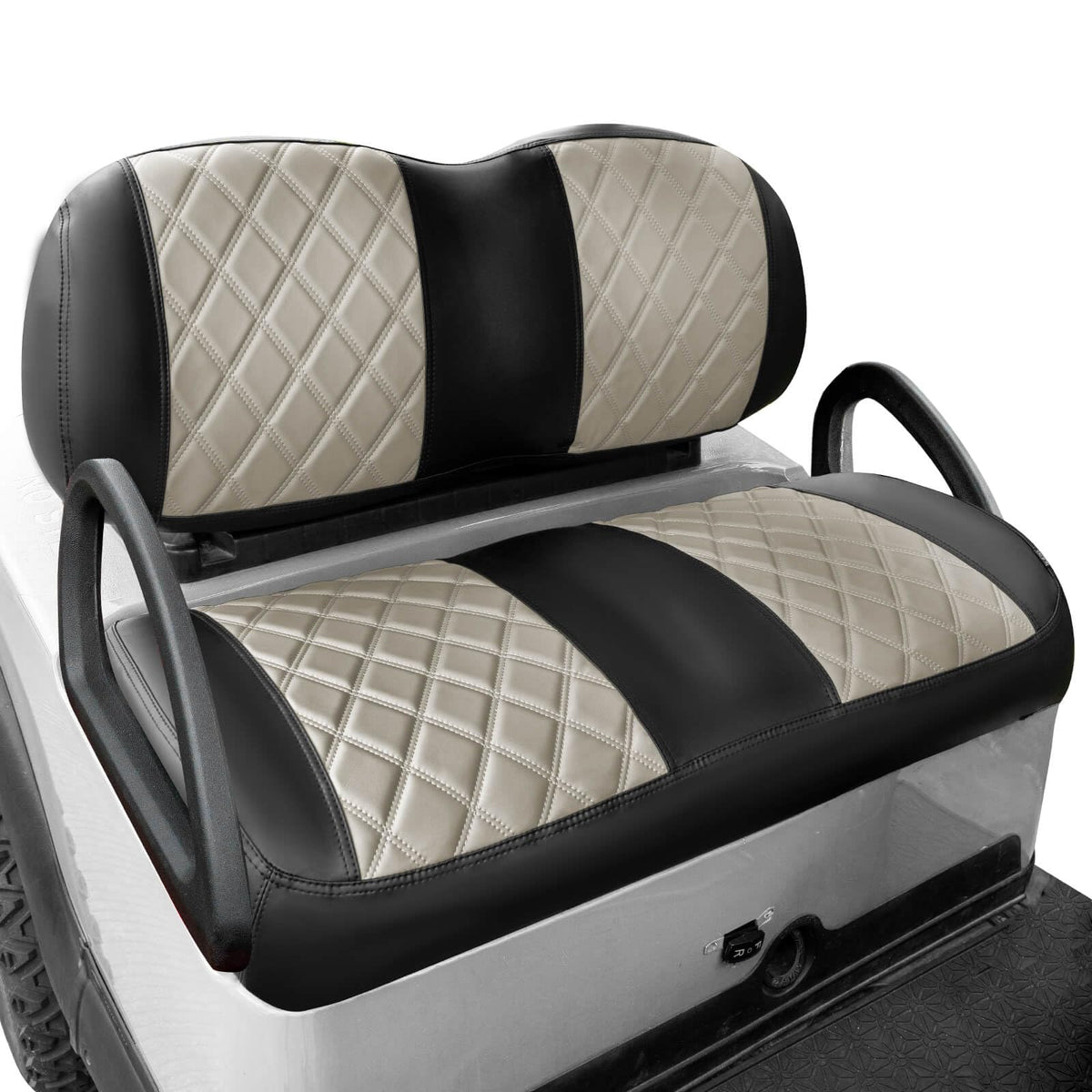 NOKINS golf cart seat cover on front cushion in oyster gray and black protects against wear.