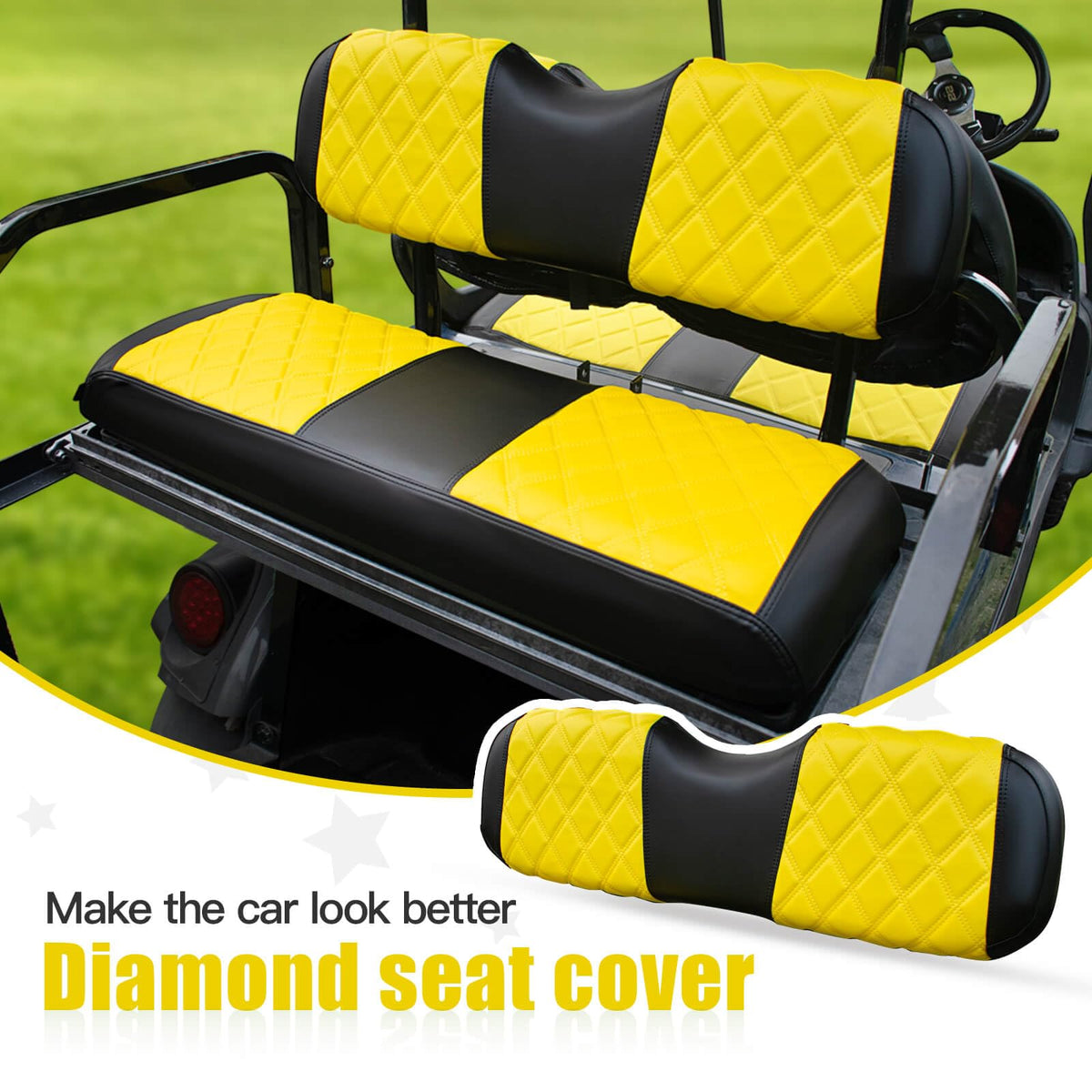 NOKINS golf cart seat cover Yellow & Black back view shields upholstery