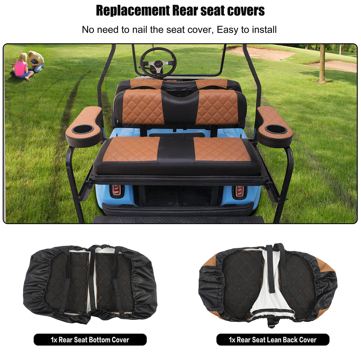 NOKINS rear seat covers in brown and black on EZGO RXV, ready for long rides