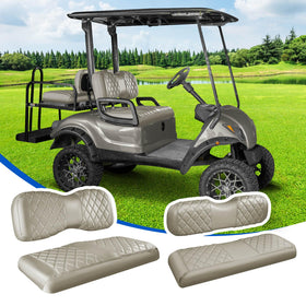 NOKINS golf cart front seat covers in Oyster Gray with a soft, UV-resistant finish.