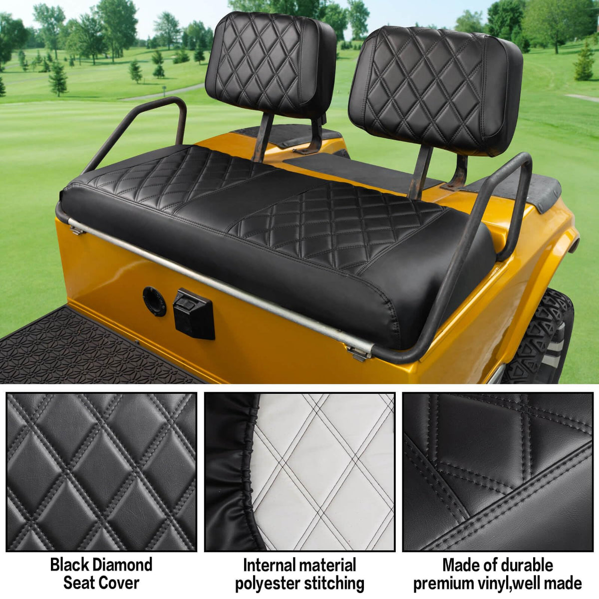 NOKINS diamond-detail seat cover close-up shows premium vinyl and stitching.