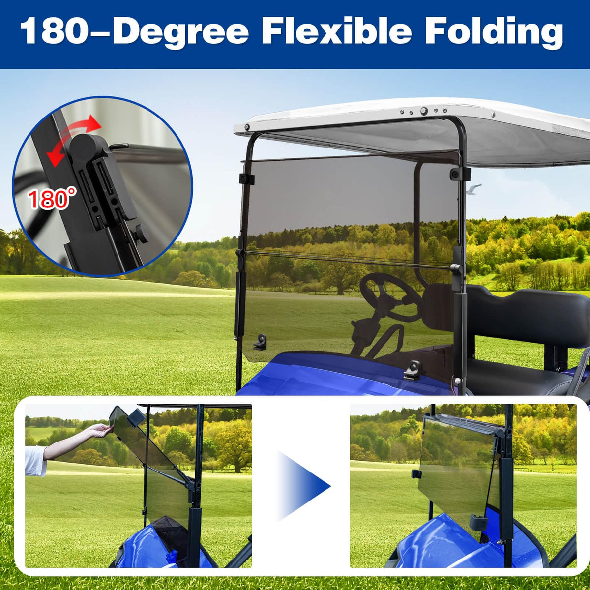 NOKINS EZGO TXT windshield fully unfolded offering 180 degree view