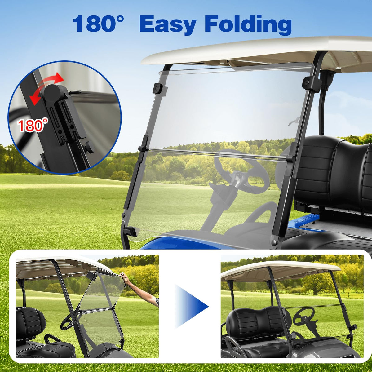 NOKINS windshield for Tempo carts provides wind shielding and clear visibility on the road.
