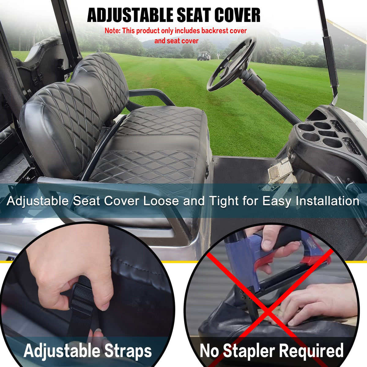 NOKINS YD diamond front seat cover highlights breathable padding for comfort.