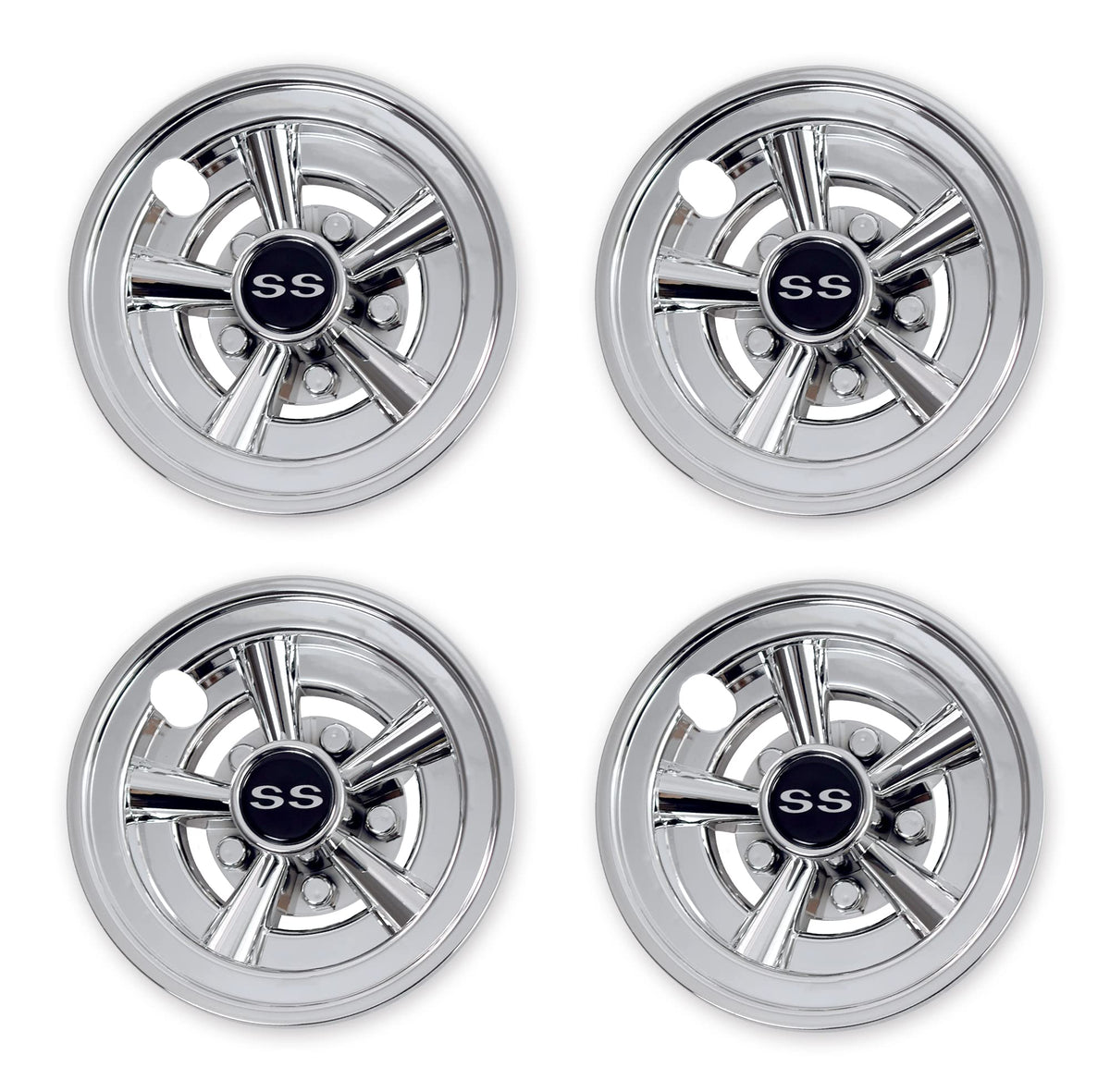 NOKINS chrome 8-inch hubcaps installed on a golf cart for stylish wheel coverage.