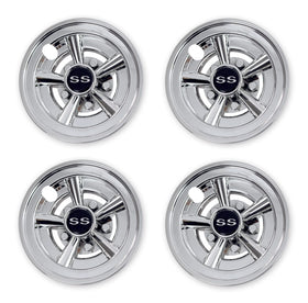 NOKINS chrome 8-inch hubcaps installed on a golf cart for stylish wheel coverage.