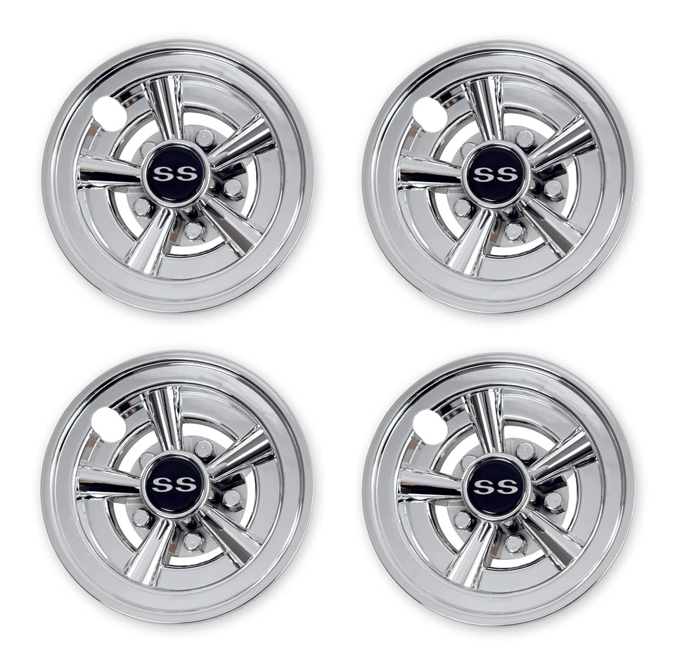 NOKINS chrome 8-inch hubcaps installed on a golf cart for stylish wheel coverage.