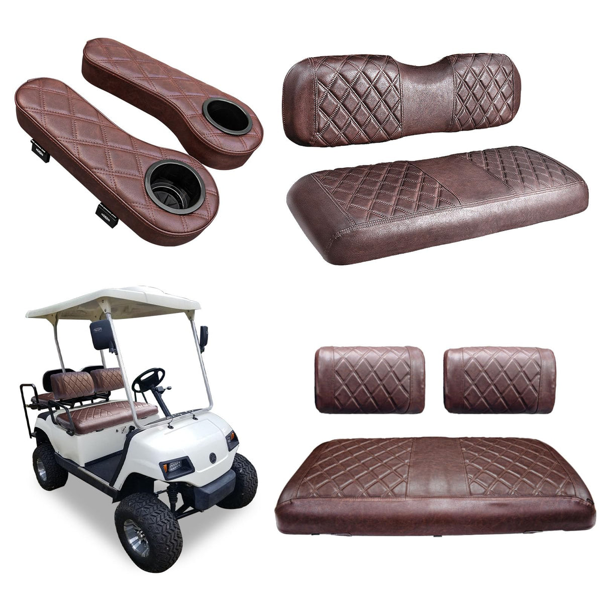 NOKINS golf seat cover front view in brown vinyl for easy cleaning