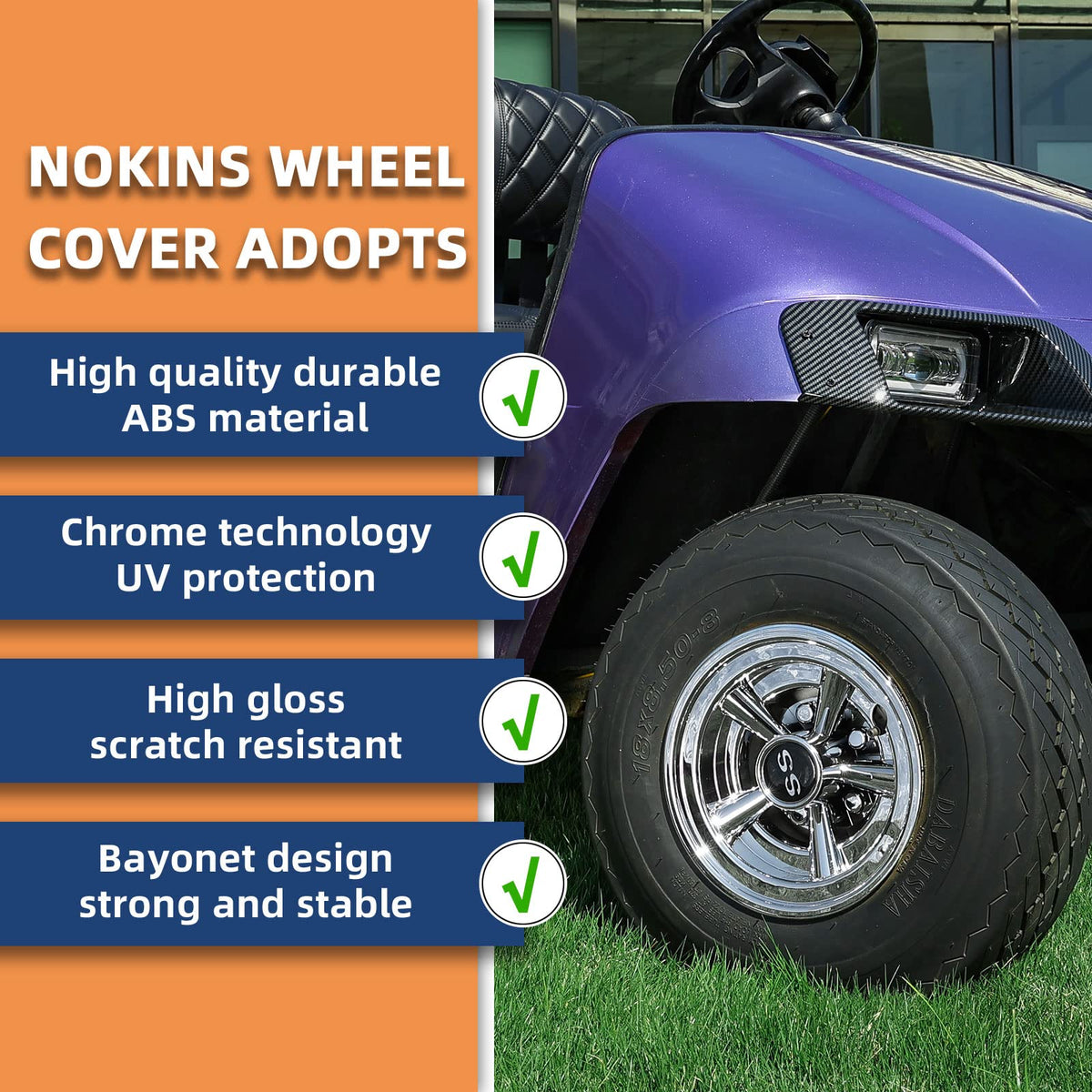 NOKINS 4-pack hubcaps deliver consistent styling across EZGO, Club Car, Yamaha fleets.
