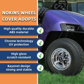 NOKINS 4-pack hubcaps deliver consistent styling across EZGO, Club Car, Yamaha fleets.